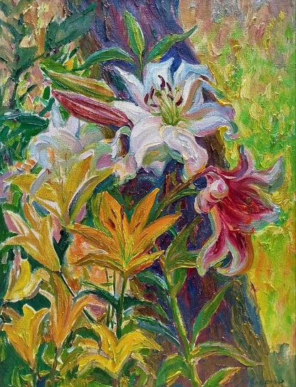 Vibrant impressionist oil painting of blooming lilies by Leonid Pavlenko