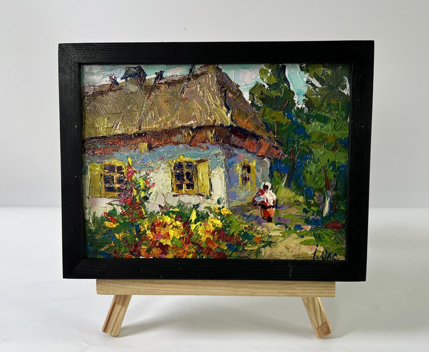 Oil painting Flower garden Oksana Ivanyuk rustic cottage with yellow shutters