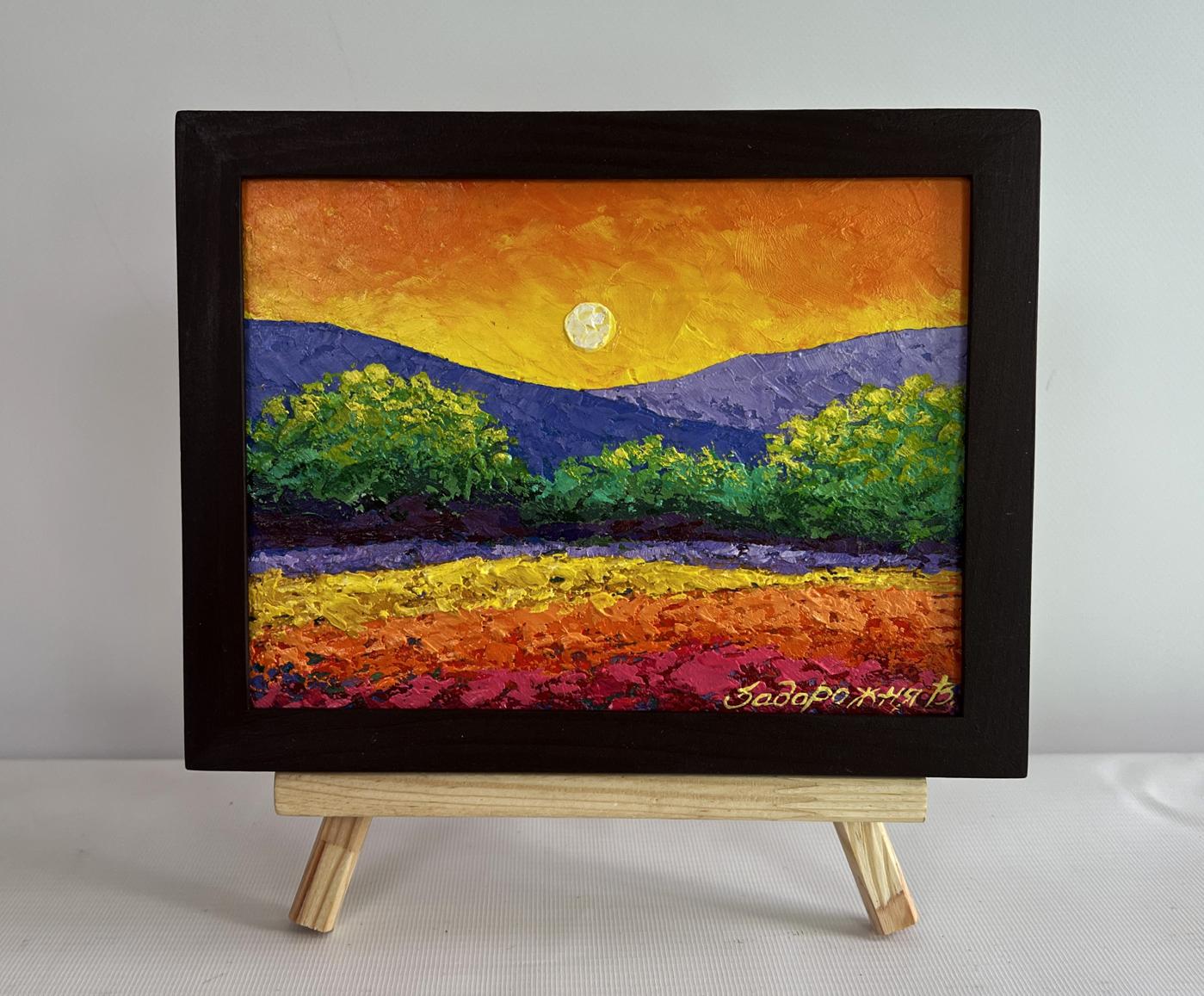Oil painting Warm evening wind V. Zadorozhnya sunset over hills in frame