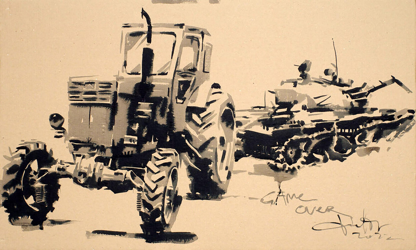 Black ink sketch of rugged tractor by Dima Filatov in Ink painting Game over