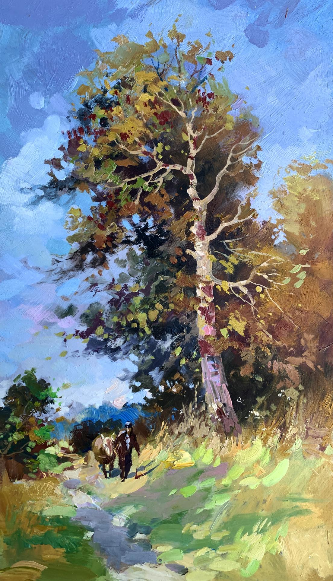 Oil painting Returning home by Yuriy Suprunchuk: tall tree with autumn leaves