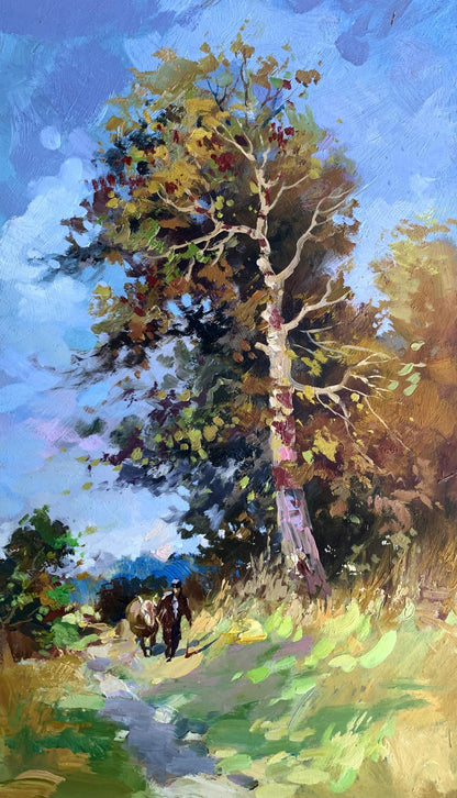 Oil painting Returning home by Yuriy Suprunchuk: tall tree with autumn leaves
