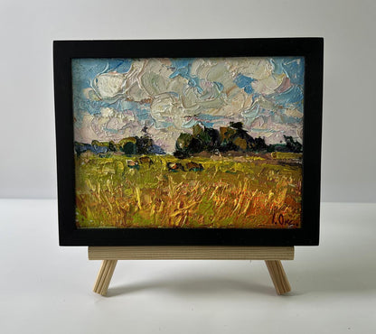 Oil painting Daytime field by Oksana Ivanyuk: golden fields, trees, clouds