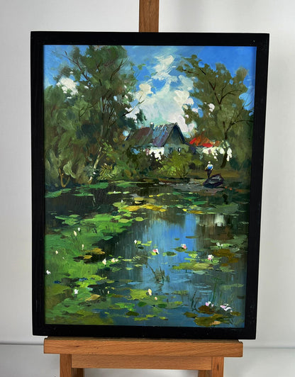 Framed oil painting of serene village lake with lily pads by Yuriy Suprunchuk