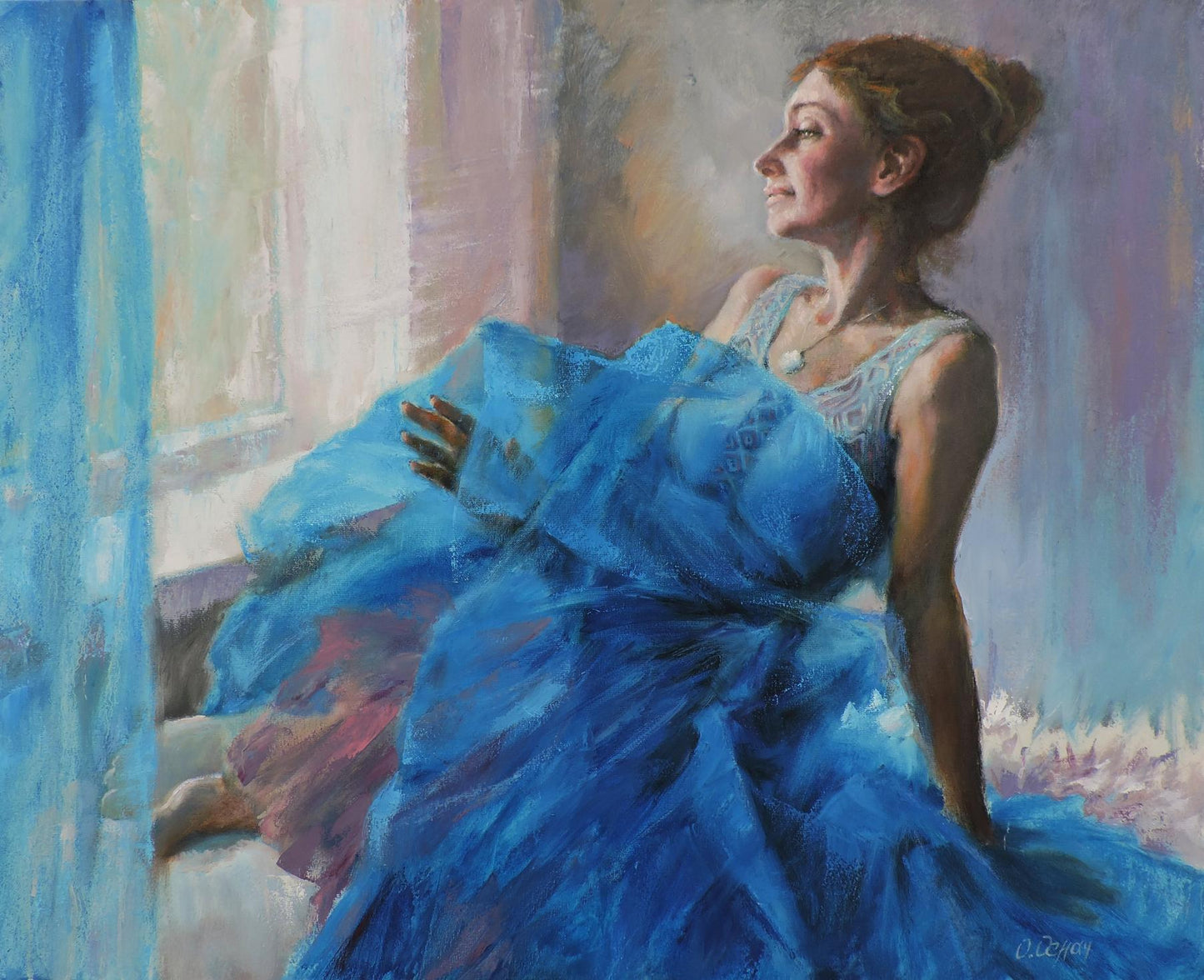 Oil painting of girl in vibrant blue lace gown by Oksana Osnach