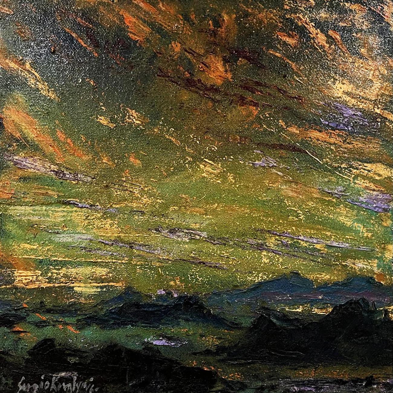 Oil painting Mountain Plains by Serhiy Kovalev: swirling green orange sky over rugged mountains