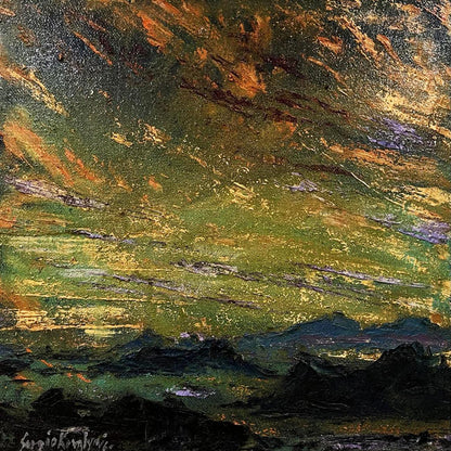 Oil painting Mountain Plains by Serhiy Kovalev: swirling green orange sky over rugged mountains