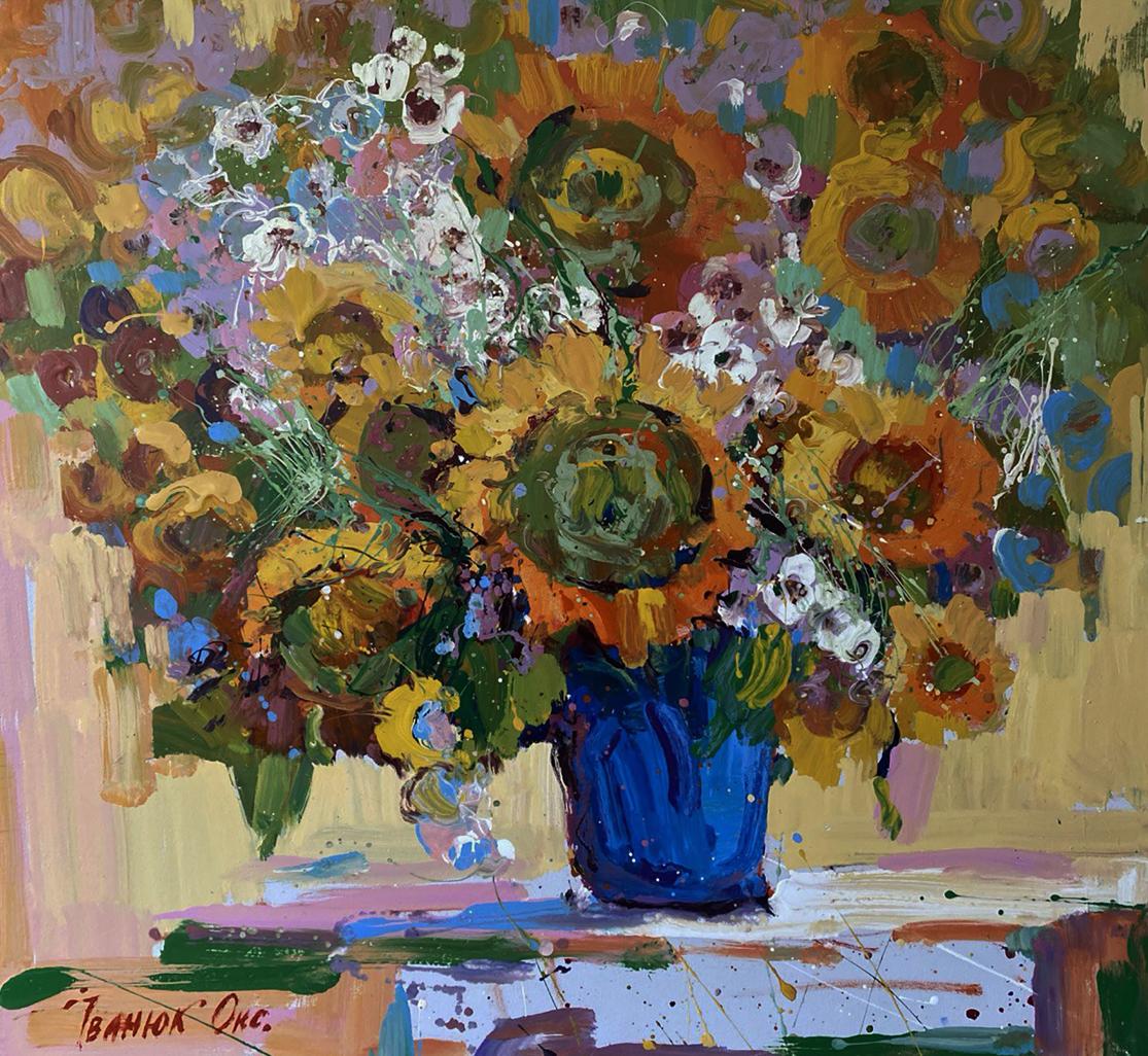 Oil painting Sunny flowers by Oksana Ivanyuk with vibrant blue vase and sunflowers