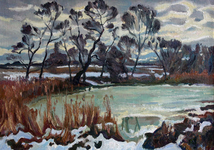 Oil painting Thaw by Leonid Pavlenko: winter landscape with bare trees, snow, frozen pond