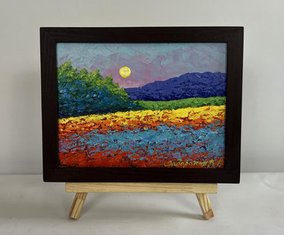 Oil painting of meadows and forest in sunset glow by V. Zadorozhnya