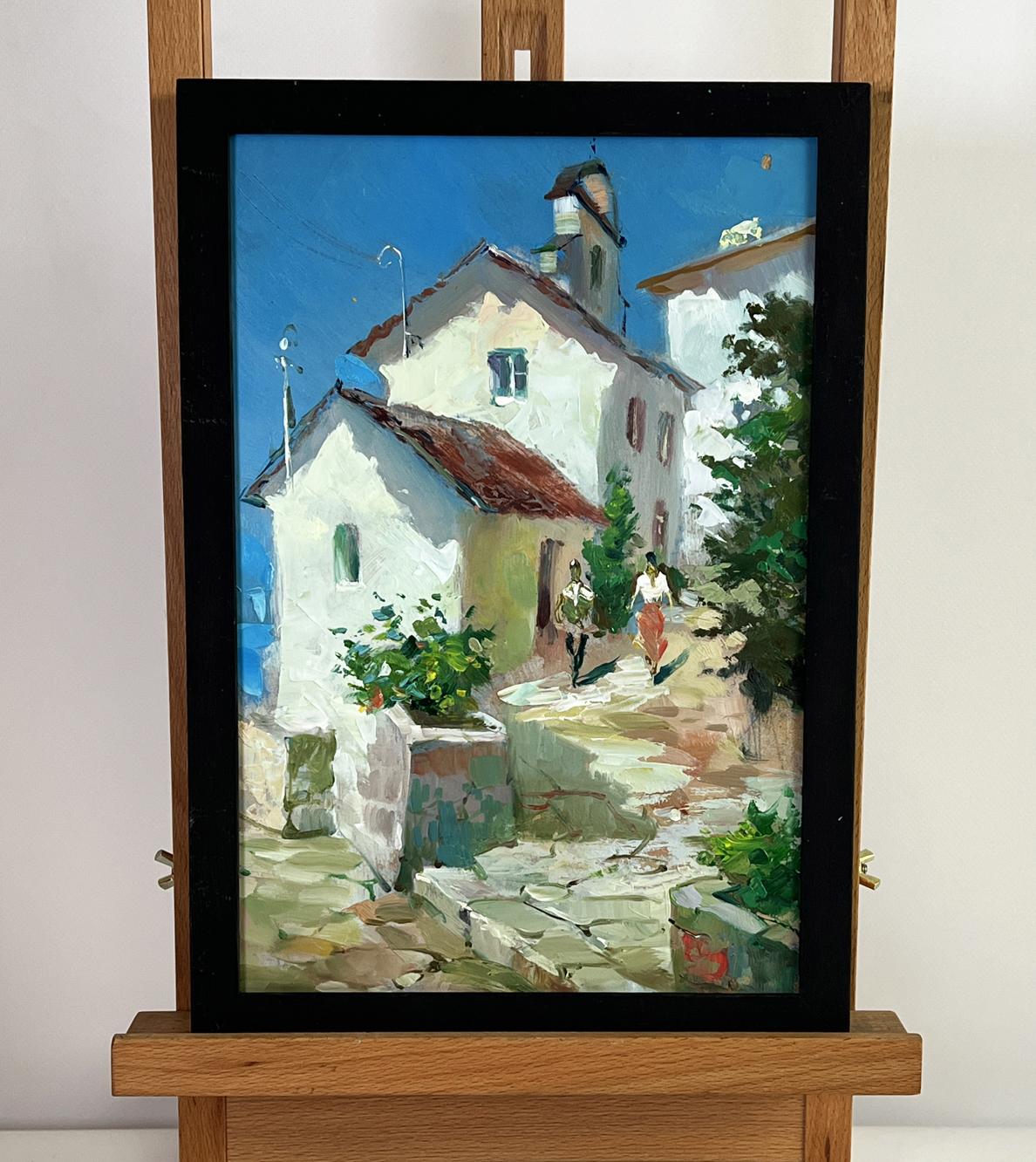 Framed oil painting of old Yuriy Suprunchuk city street village scene