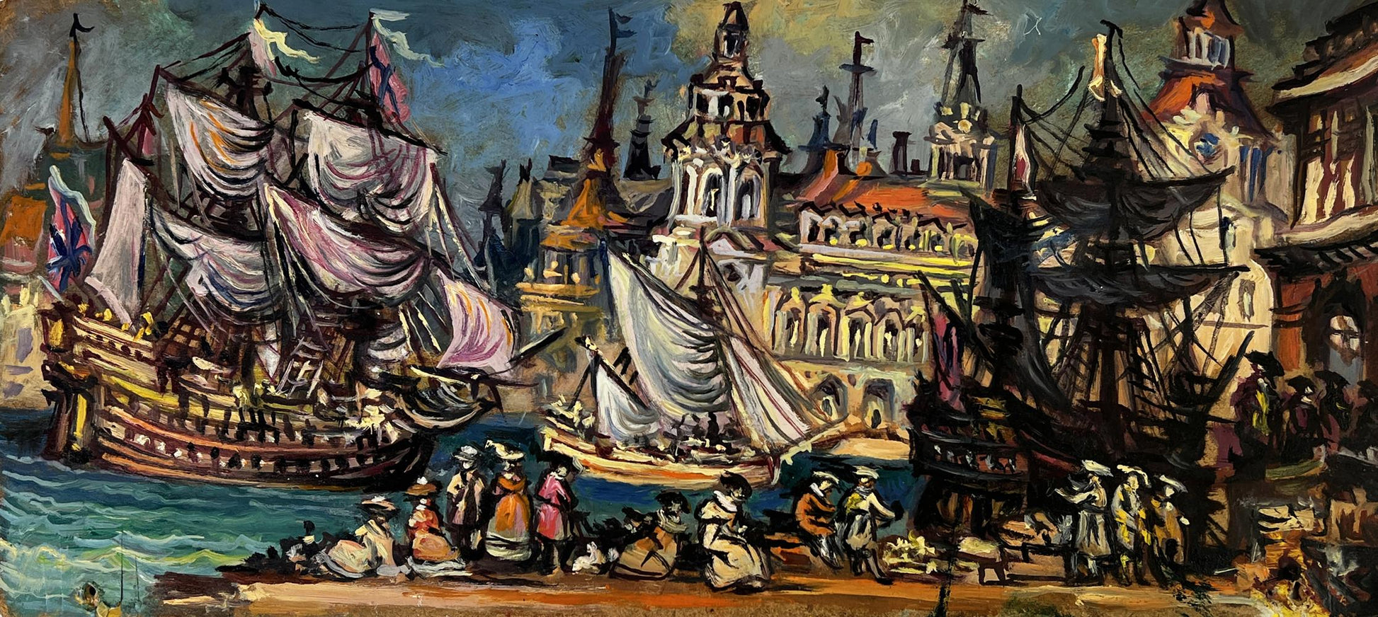 Vibrant oil painting of ships near city by Alexander Arkadievich Litvinov