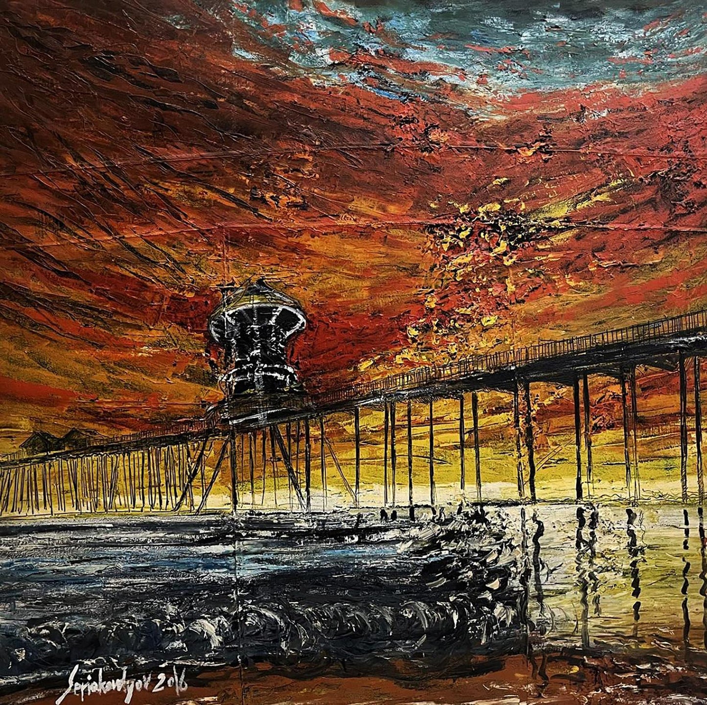 Oil painting by Serhiy Kovalev: black textured pier under fiery sunset sky