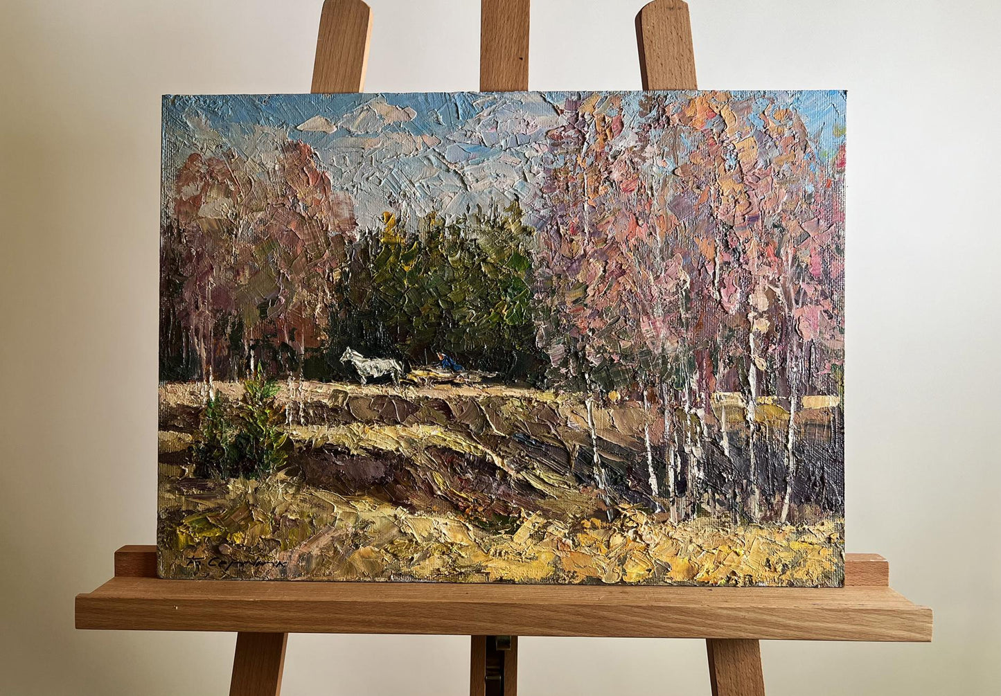 Oil painting Along the forest road by Boris Serdyuk autumn forest scene