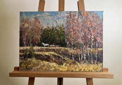 Oil painting Along the forest road by Boris Serdyuk autumn forest scene
