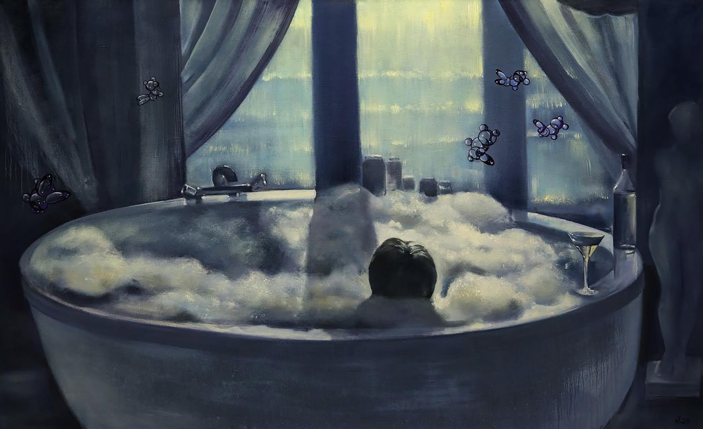 Oil painting by Igor Konovalov of person relaxing in frothy oval bathtub