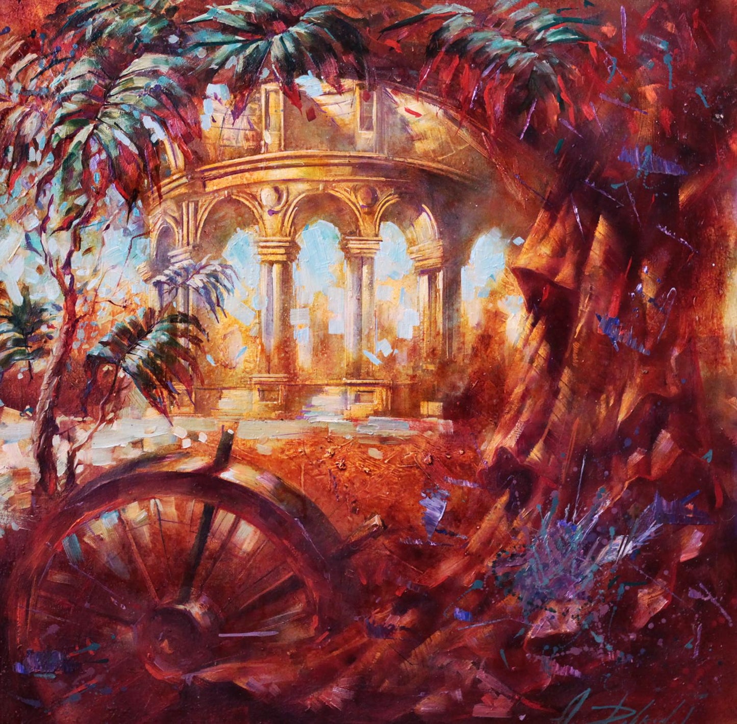 Oil painting Red morning by Alexander Dobrodiy: sunlit pavilion in foliage