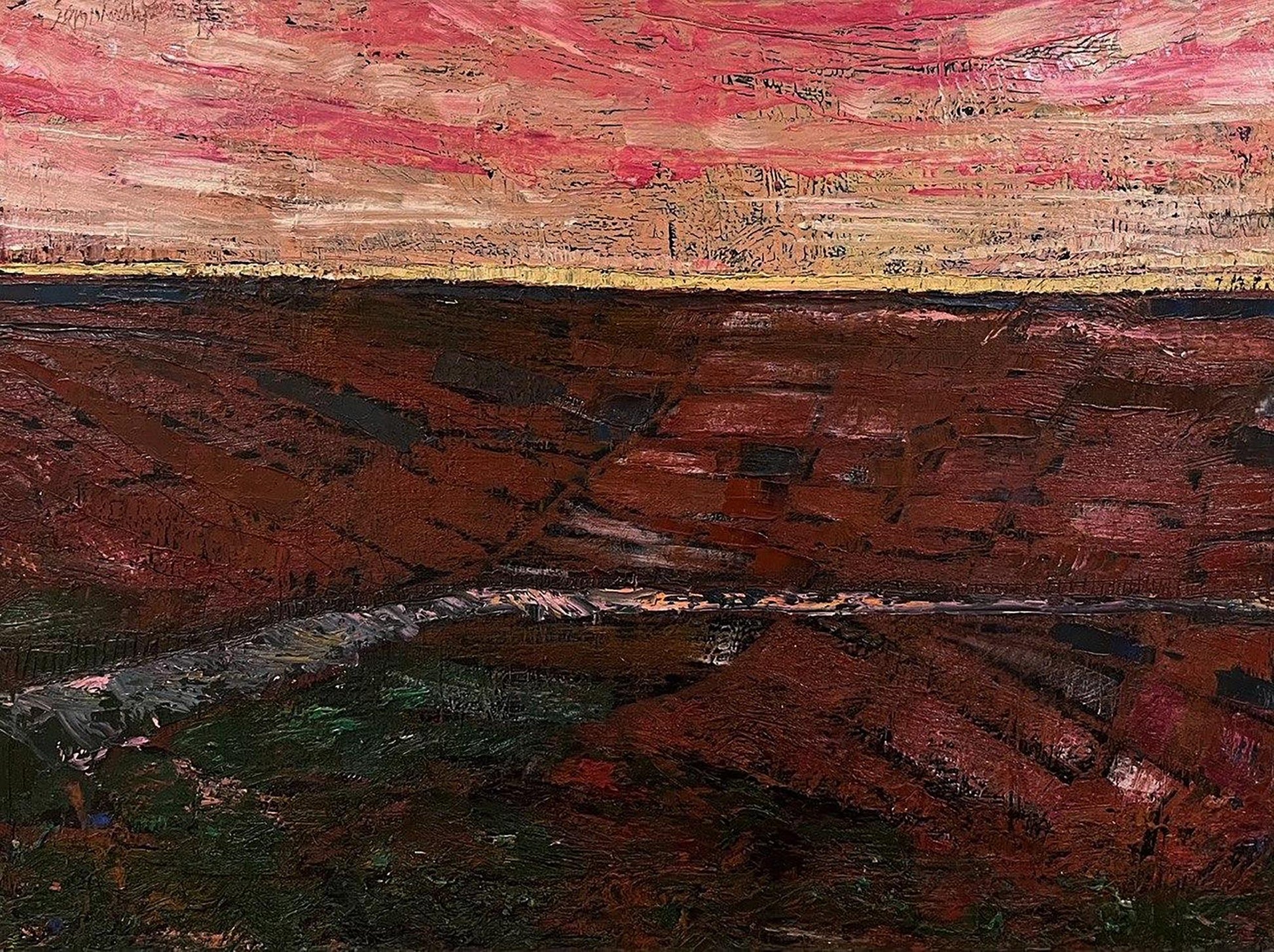 Oil painting Crimson Sunset by Serhiy Kovalev, textured abstract landscape