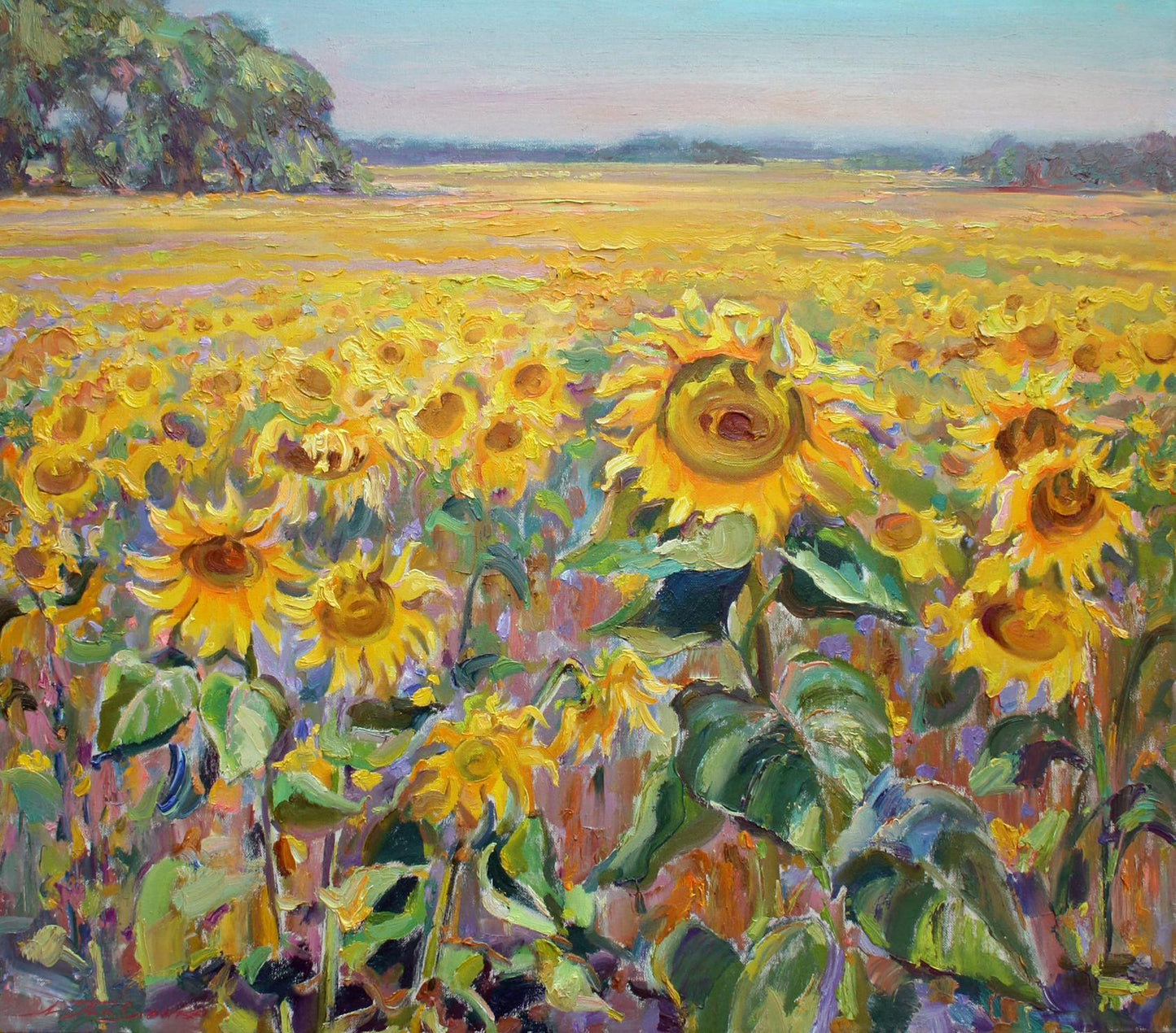 Oil painting of vibrant yellow sunflower field by Leonid Pavlenko