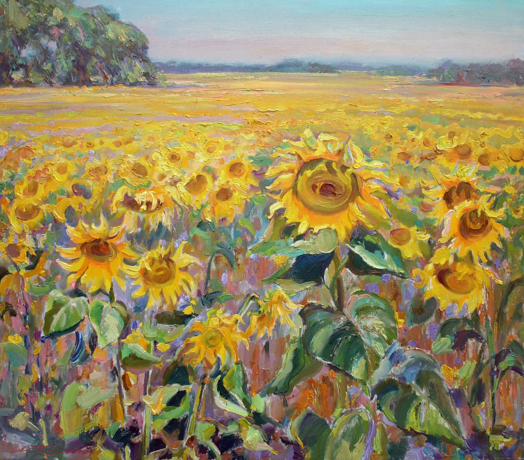 Oil painting of vibrant yellow sunflower field by Leonid Pavlenko