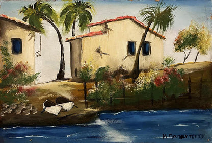 Oil painting of white houses by sea among palms, unknown artist