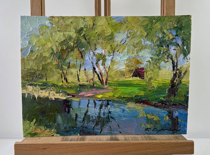 Vibrant impasto oil painting Willows over the water by Boris Serdyuk