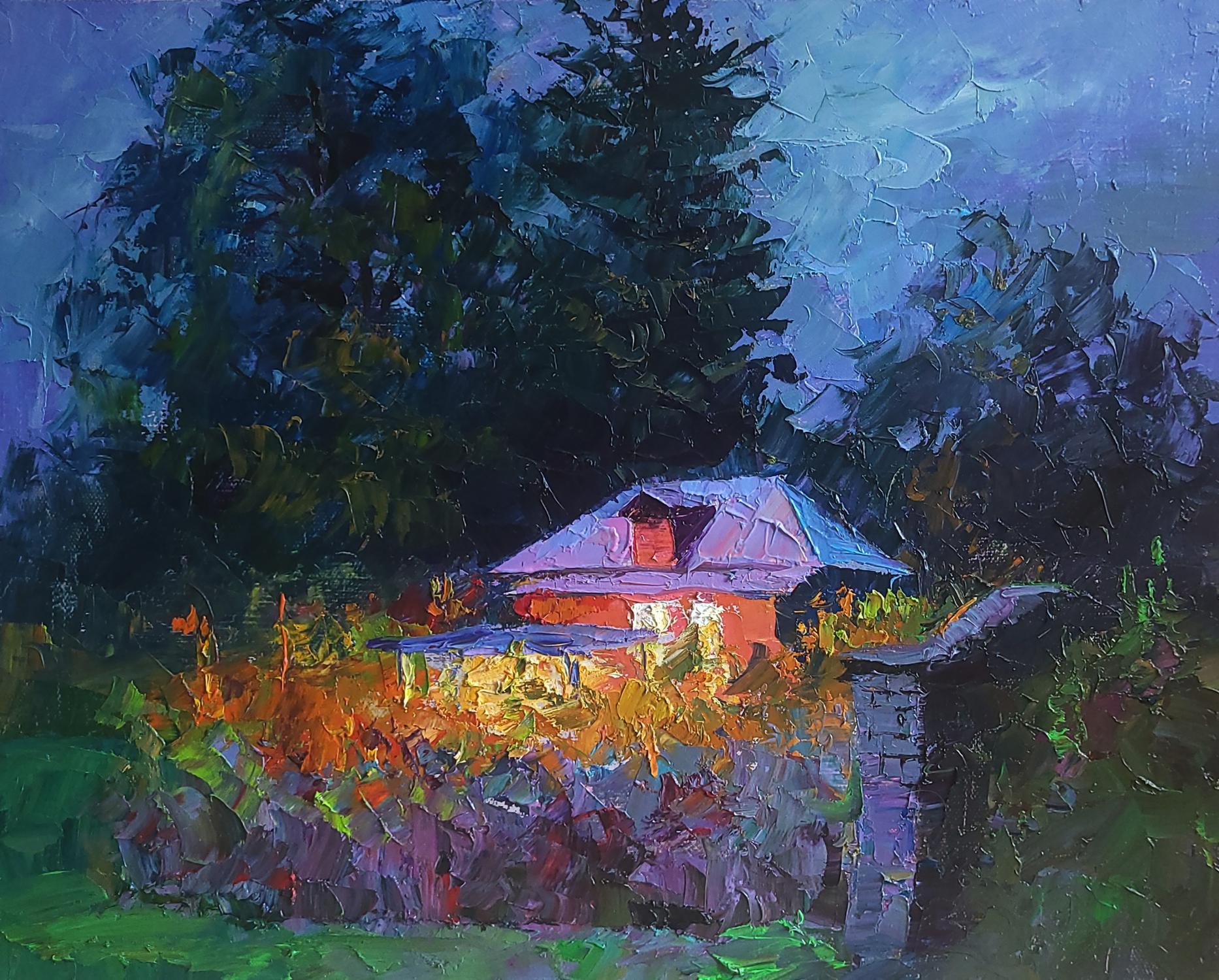Oil painting Evening by Boris Serdyuk: cozy red-roofed cottage in autumn twilight