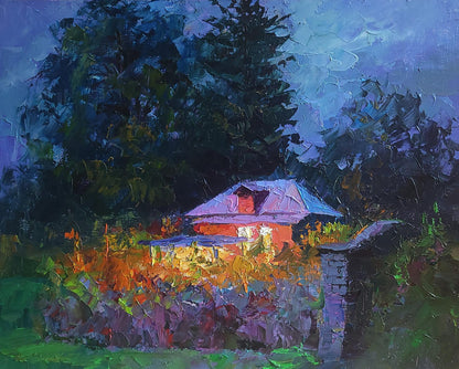 Oil painting Evening by Boris Serdyuk: cozy red-roofed cottage in autumn twilight