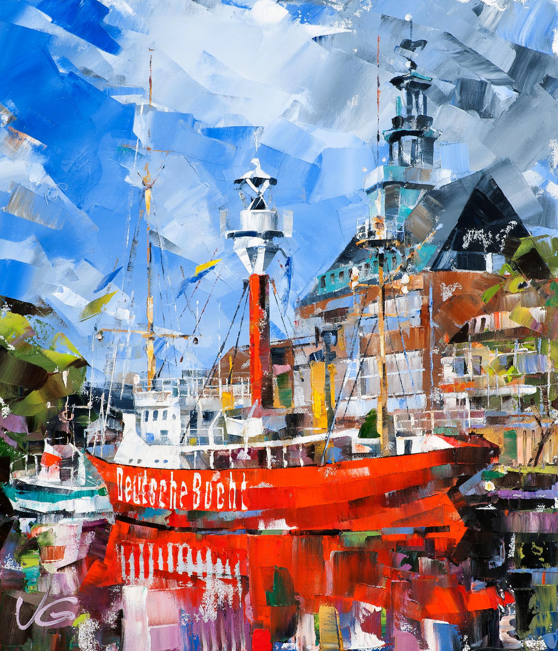 Vibrant red Deutsche Bucht ship oil painting by Volodymyr Gluhomanyuk
