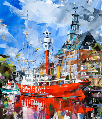 Vibrant red Deutsche Bucht ship oil painting by Volodymyr Gluhomanyuk