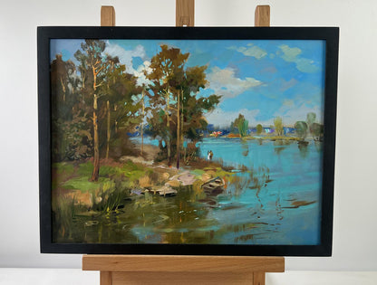 Oil painting The sun and the riverbank by Yuriy Suprunchuk lakeside scene