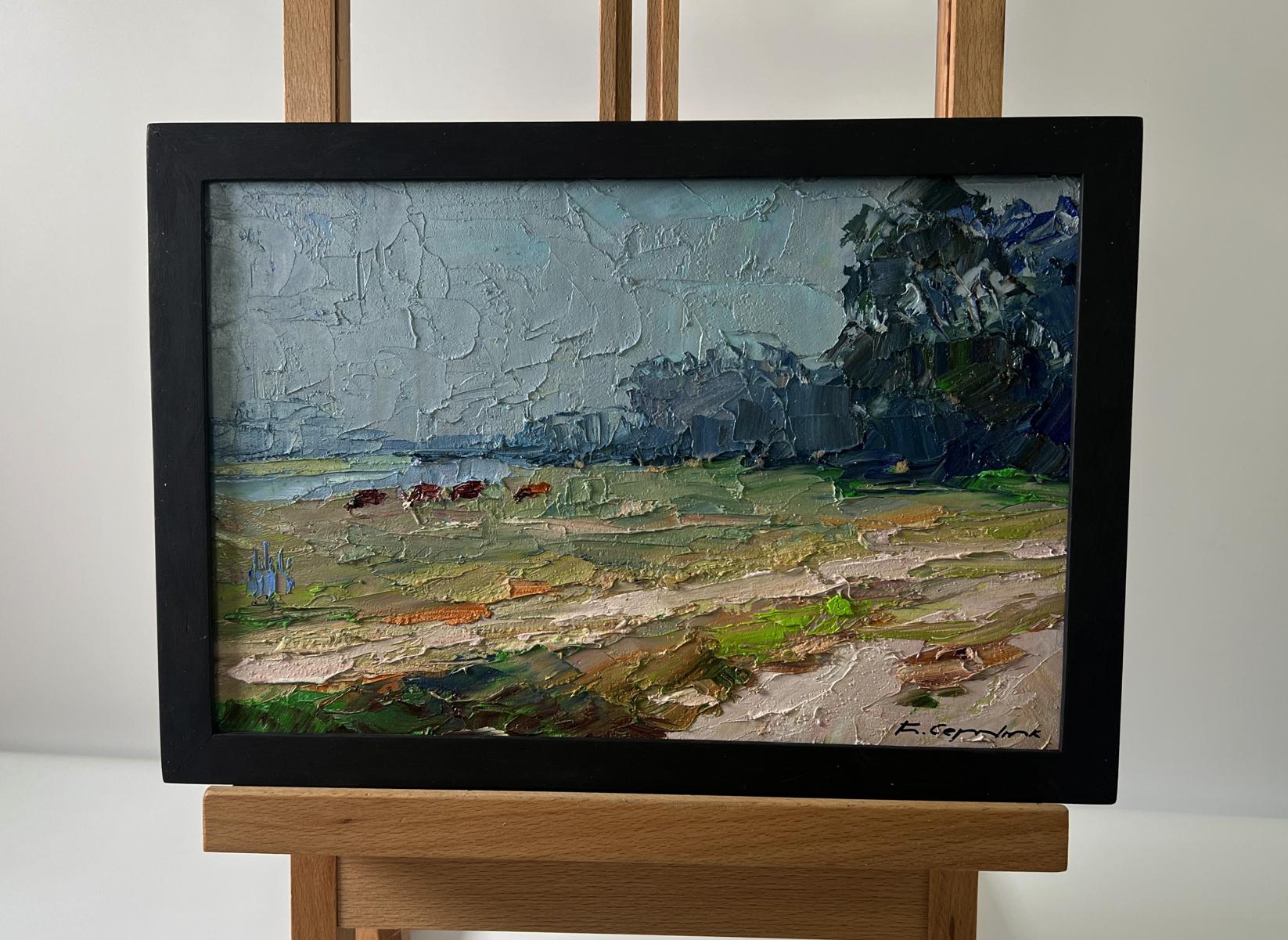 Oil painting Field with cows by Boris Serdyuk in black frame