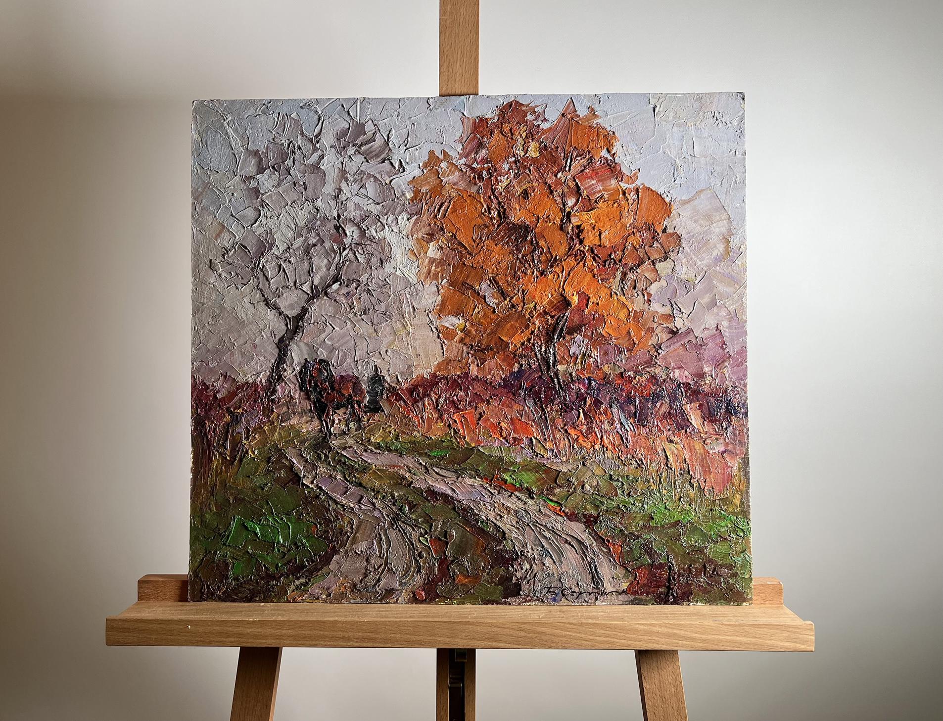 Oil painting of horse on path by Boris Serdyuk, autumn landscape on easel