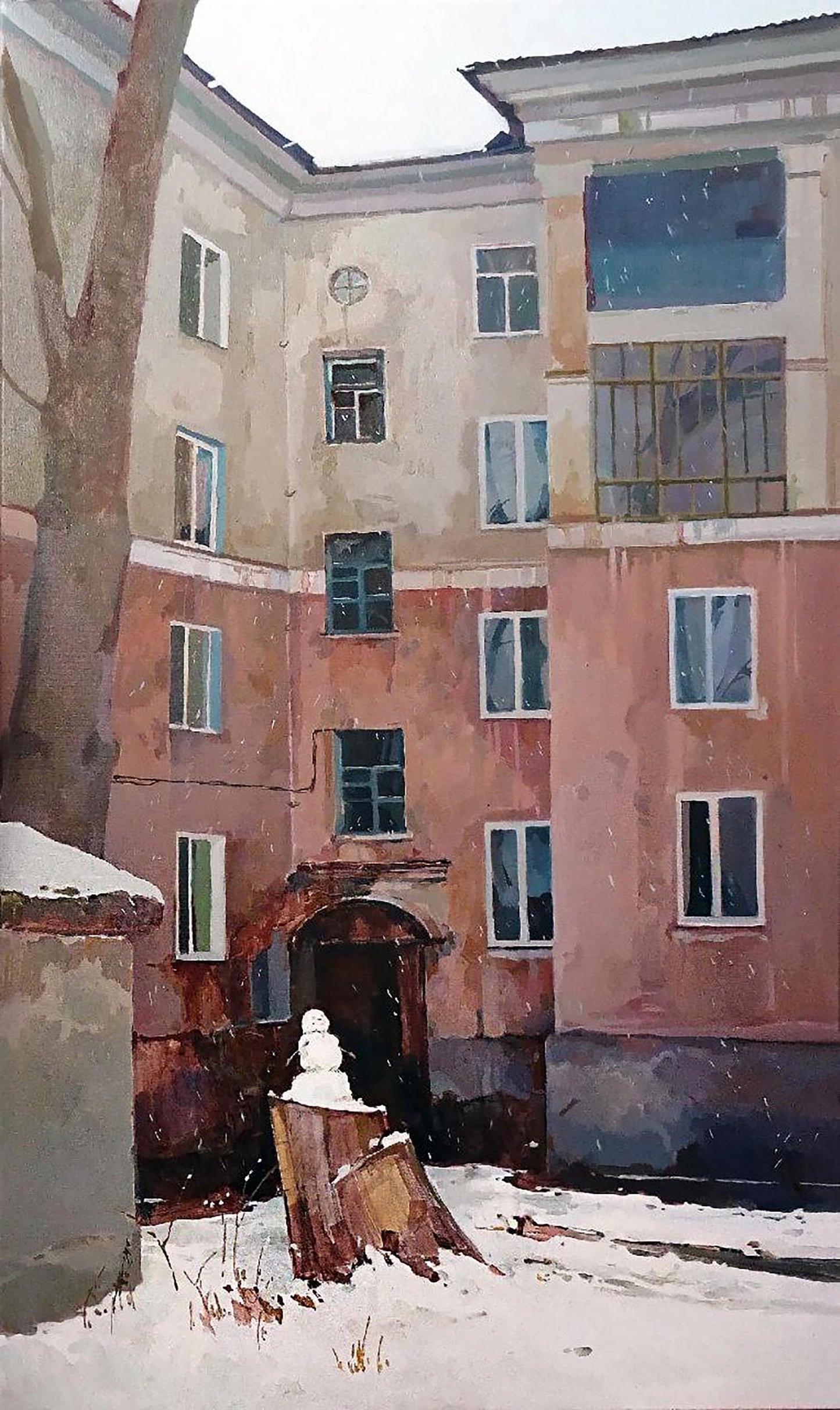Oil painting Morning in the city by Anastasia Yaroshevich: snowy snowman on stump
