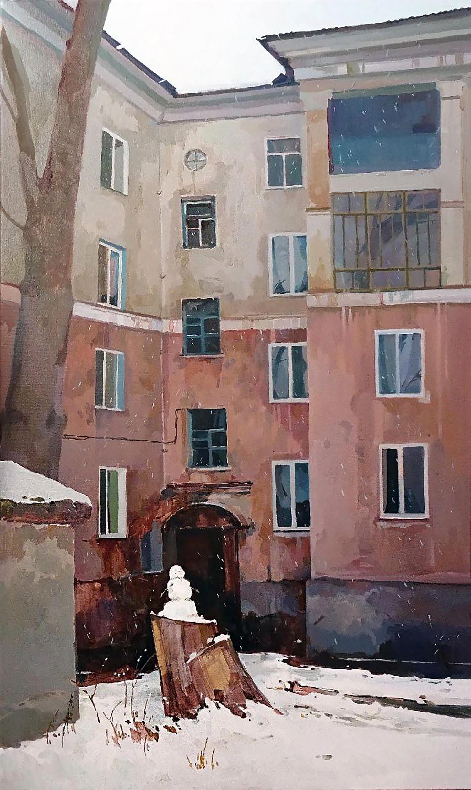Oil painting Morning in the city by Anastasia Yaroshevich: snowy snowman on stump