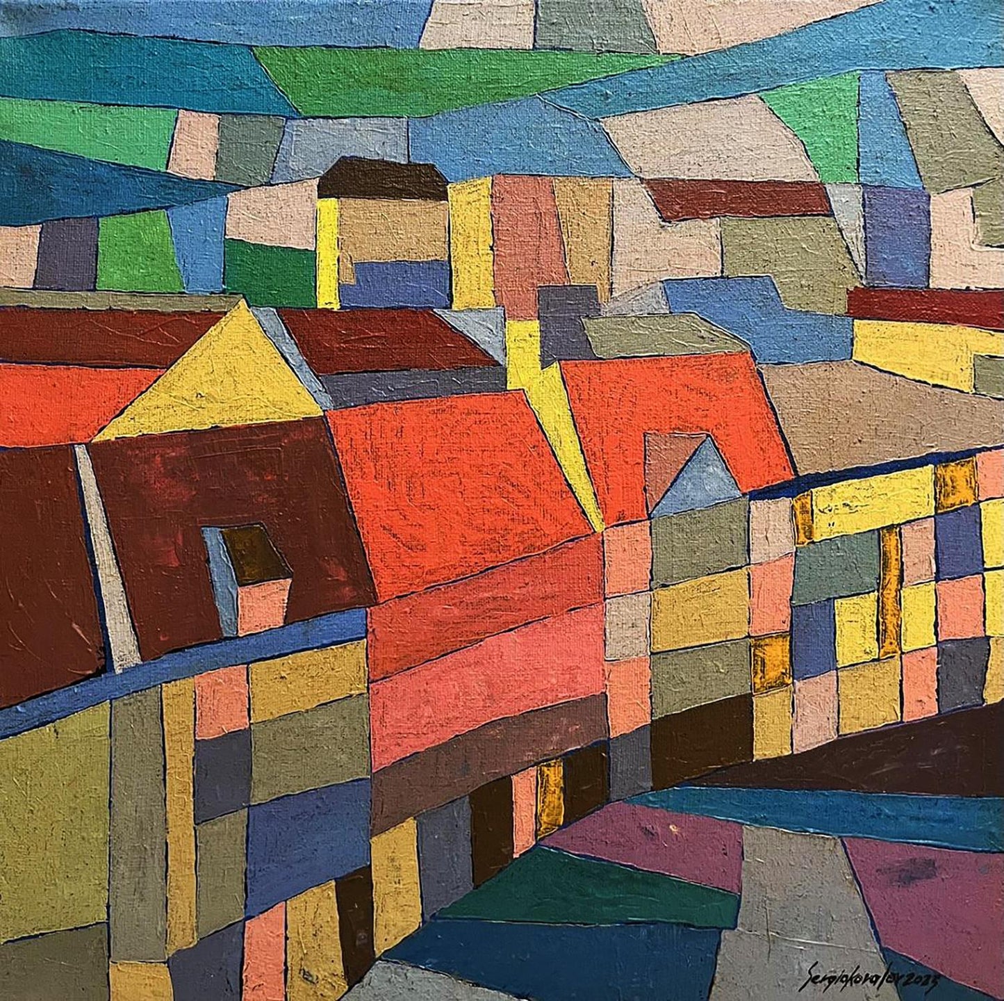 Vibrant geometric village oil painting Walking the streets by Serhiy Kovalev