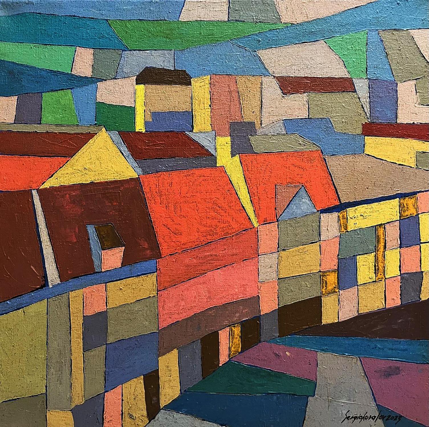 Vibrant geometric village oil painting Walking the streets by Serhiy Kovalev