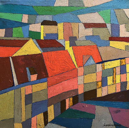 Vibrant geometric village oil painting Walking the streets by Serhiy Kovalev
