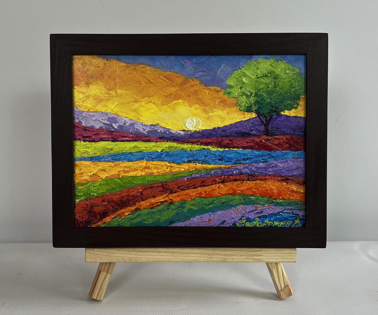 Vibrant oil painting of yellow sunset over flower field by V. Zadorozhnya
