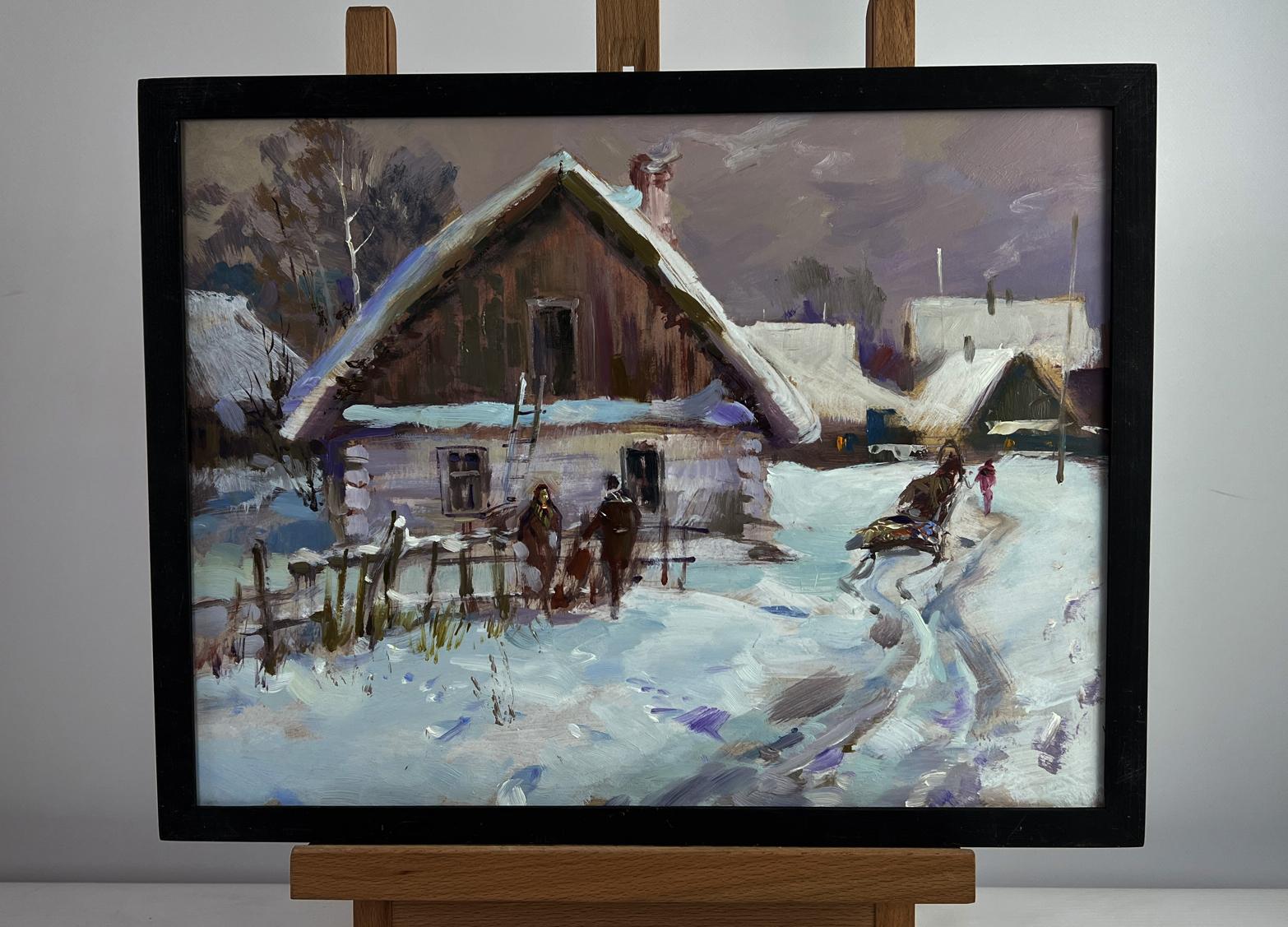 Framed impressionist oil painting of Yuriy Suprunchuks busy winter village street
