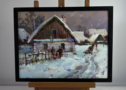 Framed impressionist oil painting of Yuriy Suprunchuks busy winter village street