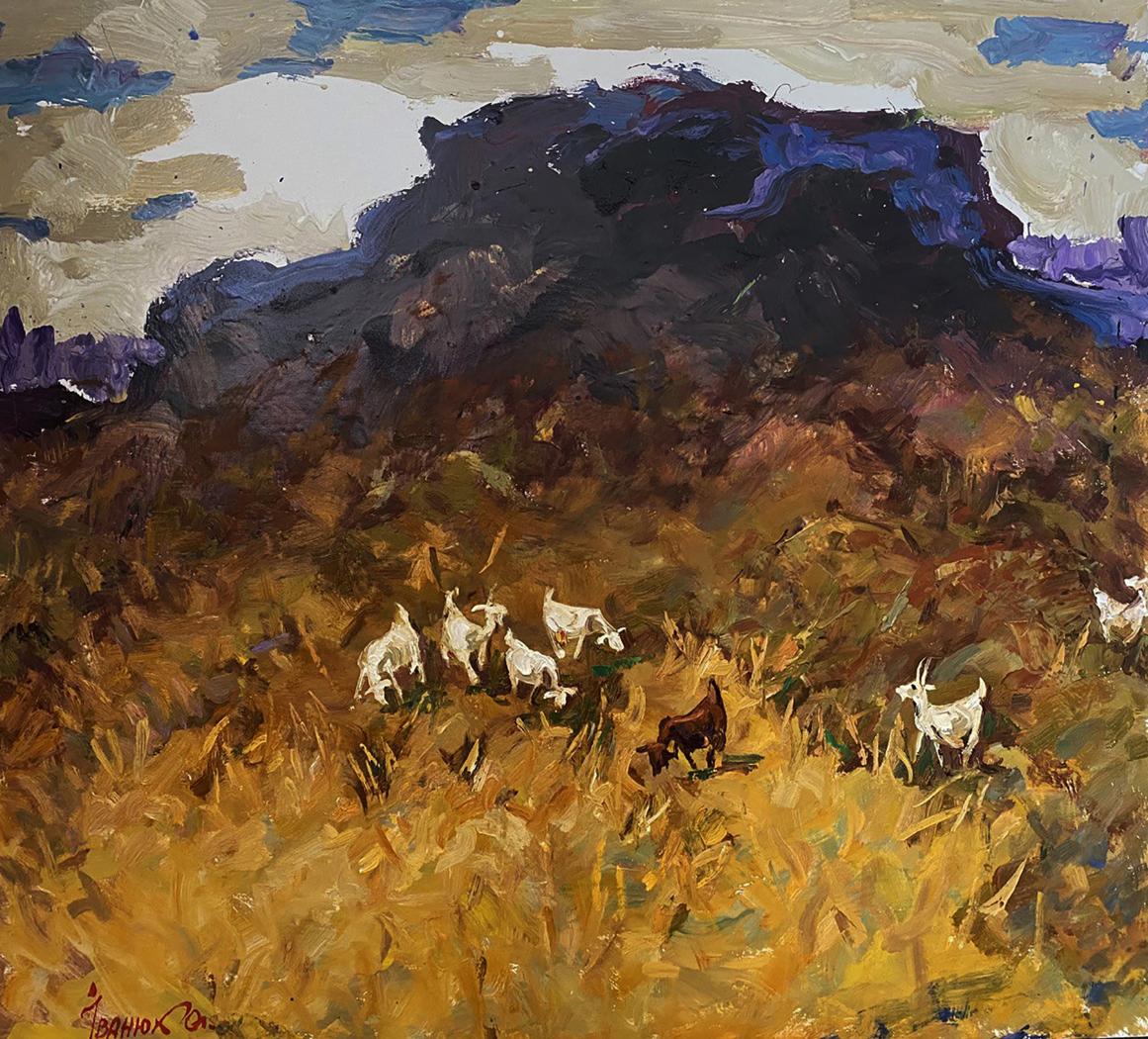 Oil painting of goats in wheat field by Oleksiy Ivanyuk