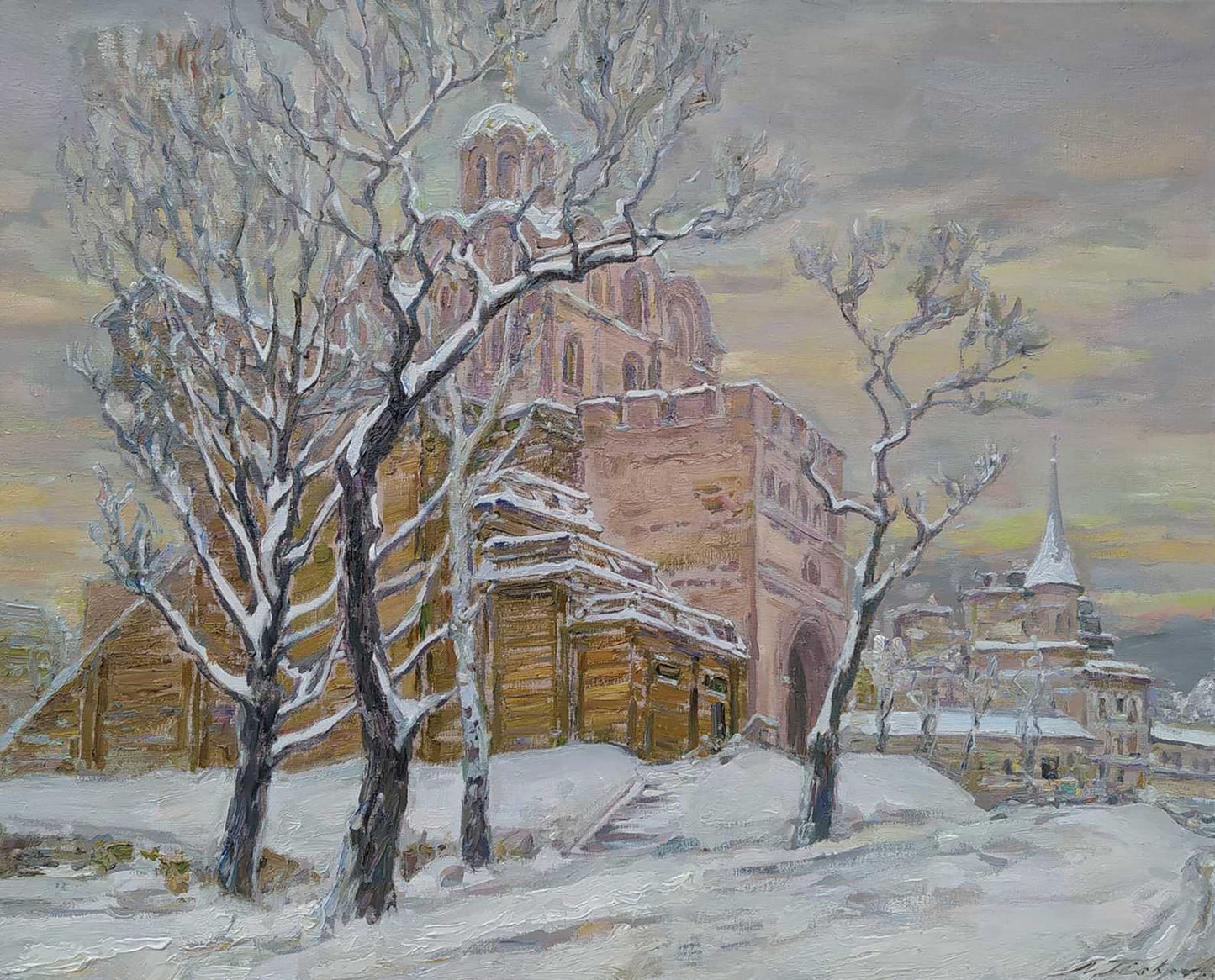 Snowy trees frame historic cathedral in Leonid Pavlenko oil painting