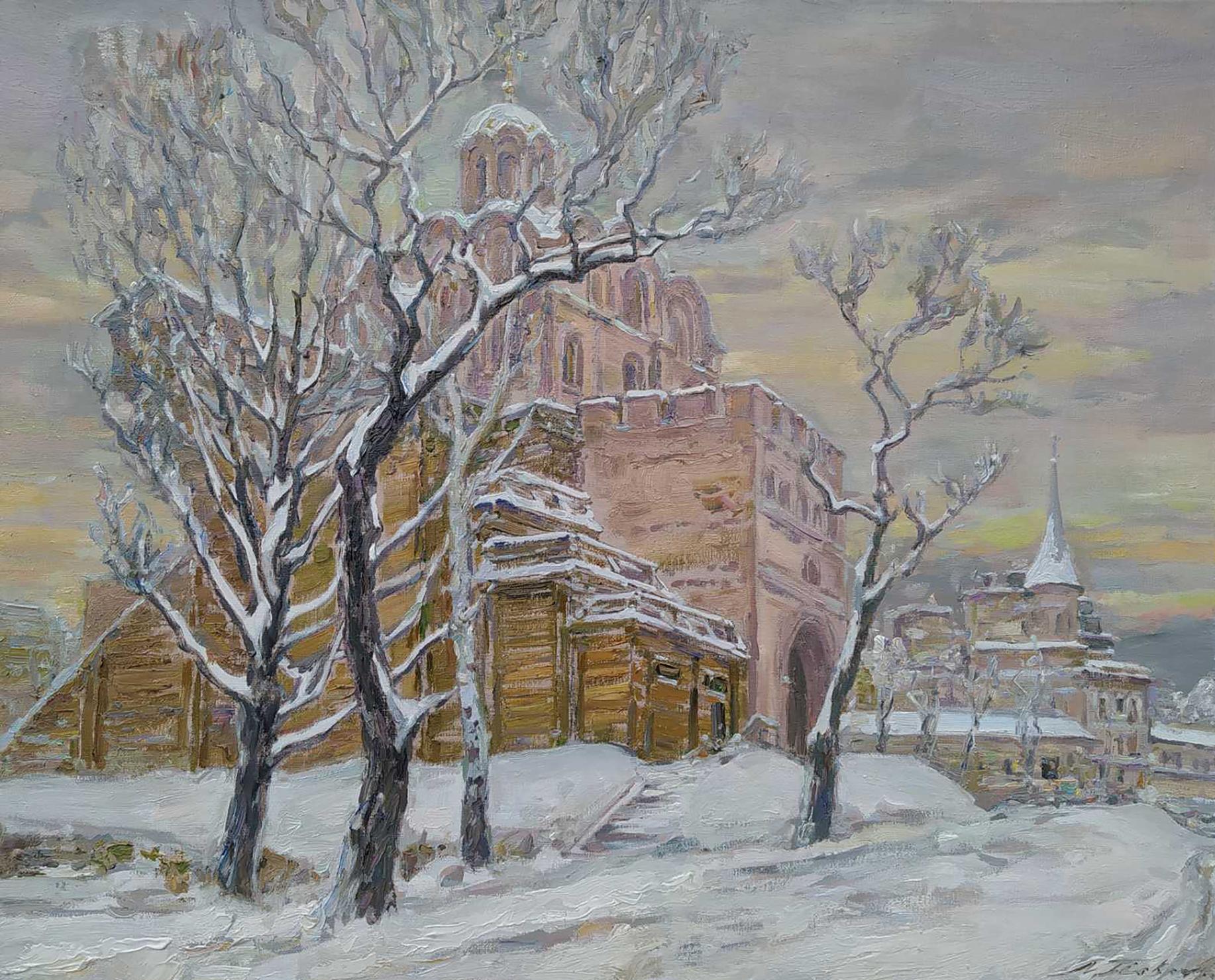 Snowy trees frame historic cathedral in Leonid Pavlenko oil painting