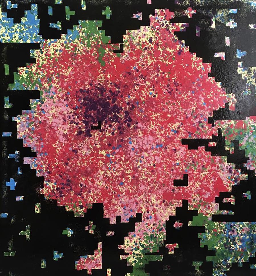 Vibrant pixelated oil painting Rose in Pixel by Natalia Korf-Ivaniuk