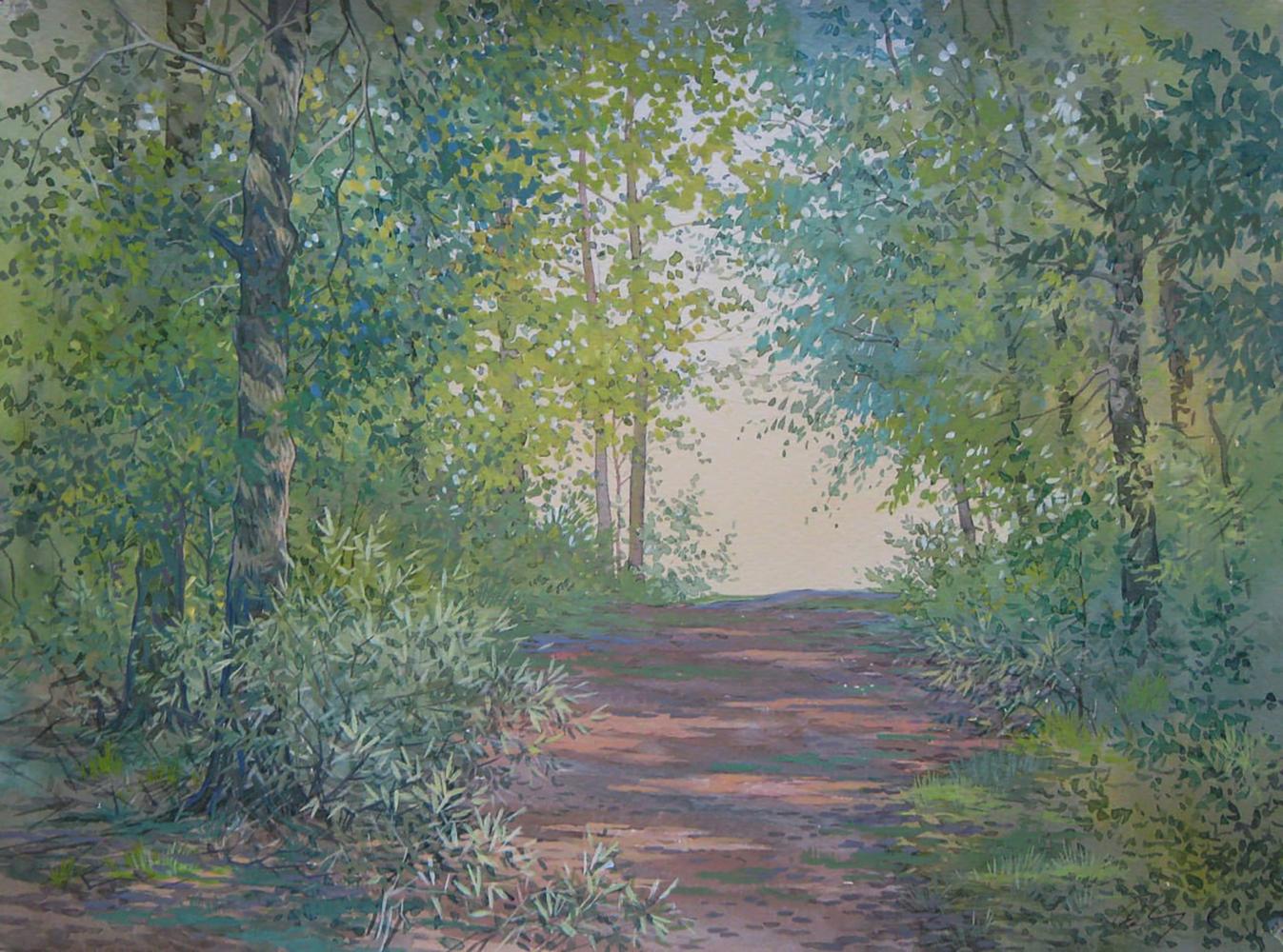 Serene watercolor Path in the summer forest by Valery Savenets