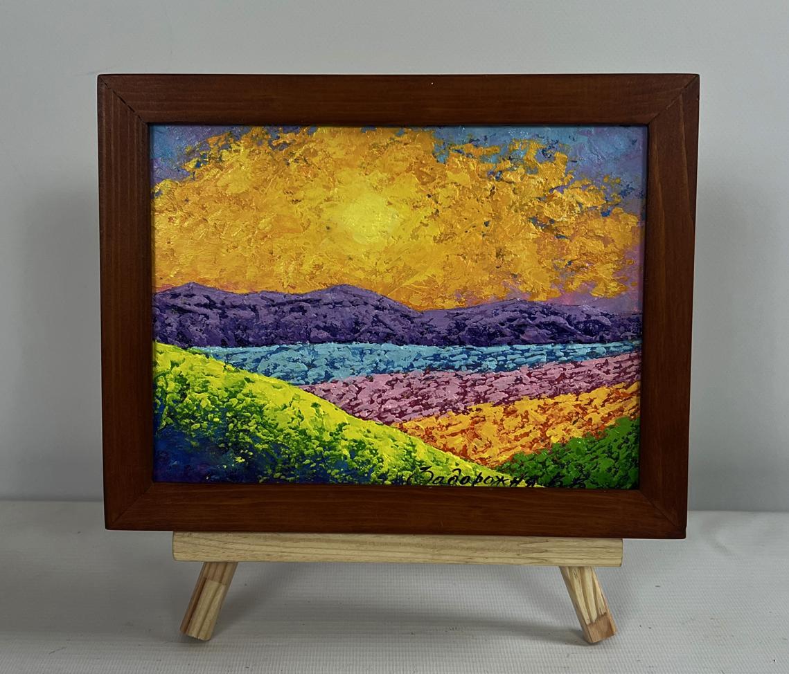 V. Zadorozhnya oil painting of vibrant sunset over summer flower fields