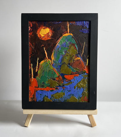 Oil painting Yellow moon in the field by Oleksiy Ivanyuk in black frame