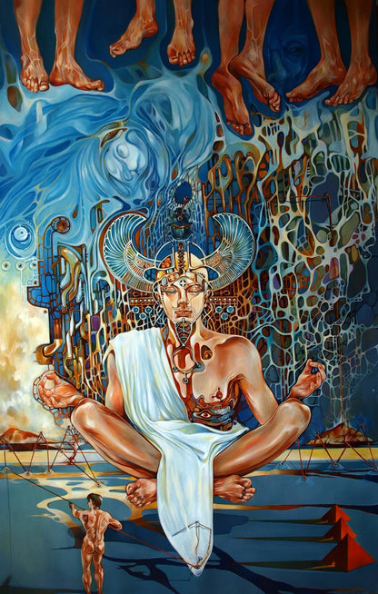 Surreal oil painting of Arjuna by Konsta G. Amelinn in white robes