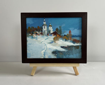 Oil painting The first snow fell by Yuriy Suprunchuk snowy village scene